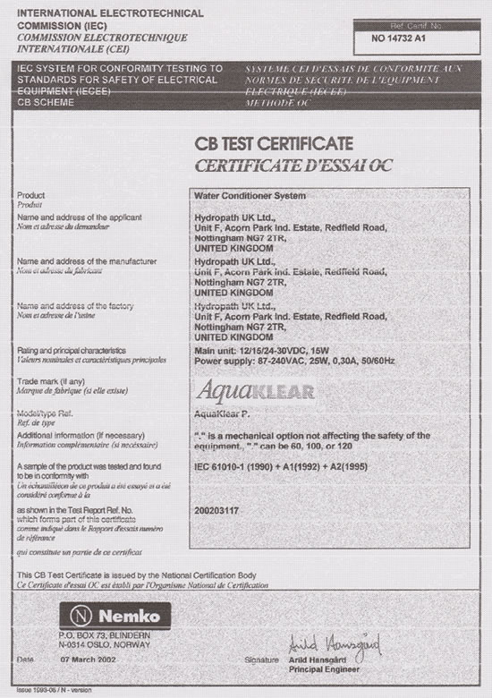 Certificado EC Hydroflow AquaKlear